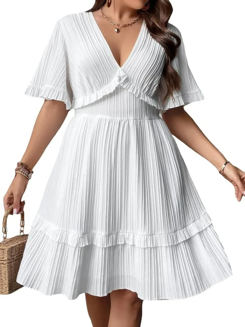 Amazon White V-Neck Pleated Flutter Sleeve Tiered A-Line Dress